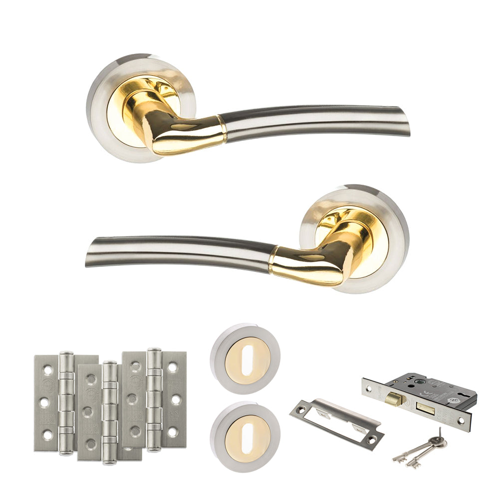 STATUS Indiana Door Handle Pack (3 Lever Lock Set - 3" CE Sashlock, 3" Premium Hinges x3) - Satin Nickel/Polished Brass