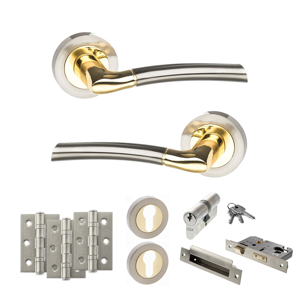 STATUS Indiana Door Handle Pack (Euro Lock Set - 3" CE Sashlock, 3" Premium Hinges x3) - Satin Nickel/Polished Brass