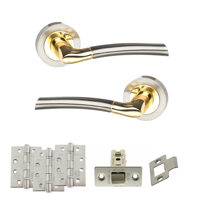 STATUS Indiana Door Handle Pack (Latch Set - 2.5" CE Latch, 4" Fire Rated Hinges x3) - Satin Nickel/Polished Brass