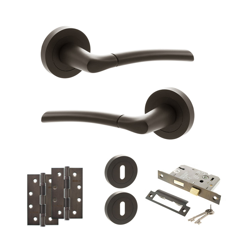 STATUS Indiana Door Handle Pack (3 Lever Lock Set - 3" CE Sashlock, 4" Slim Knuckle Hinges x2) - Urban Dark Bronze