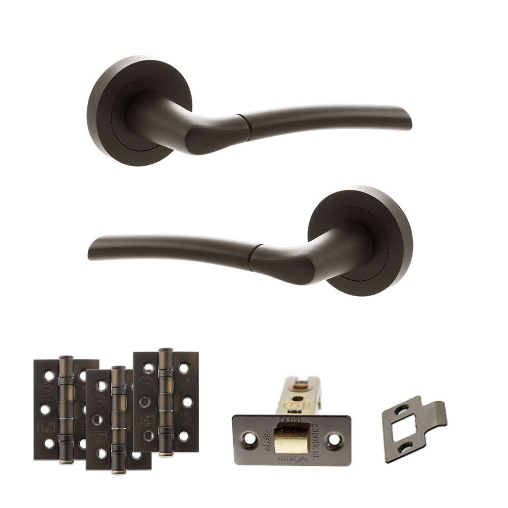 STATUS Indiana Door Handle Pack (Latch Set - 3" CE Latch, 3" Premium Hinges x3) - Urban Dark Bronze