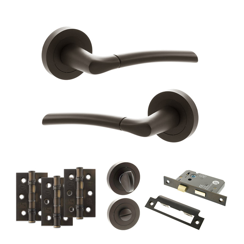 STATUS Indiana Door Handle Pack (Bathroom Set - 3" CE Bathroom Lock, 3" Fire Rated Hinges x3) - Urban Dark Bronze