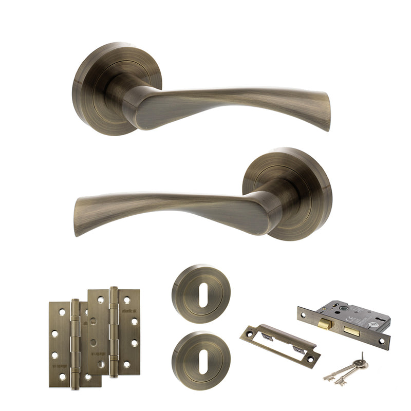 STATUS Colorado Door Handle Pack (3 Lever Lock Set - 2.5" CE Sashlock, 4" Slim Knuckle Hinges x2) - Antique Brass