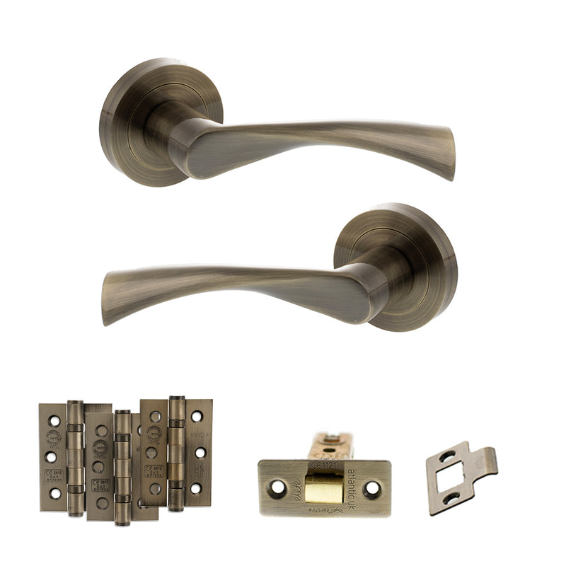 STATUS Colorado Door Handle Pack (Latch Set - 2.5" CE Latch, 3" Premium Hinges x3) - Antique Brass