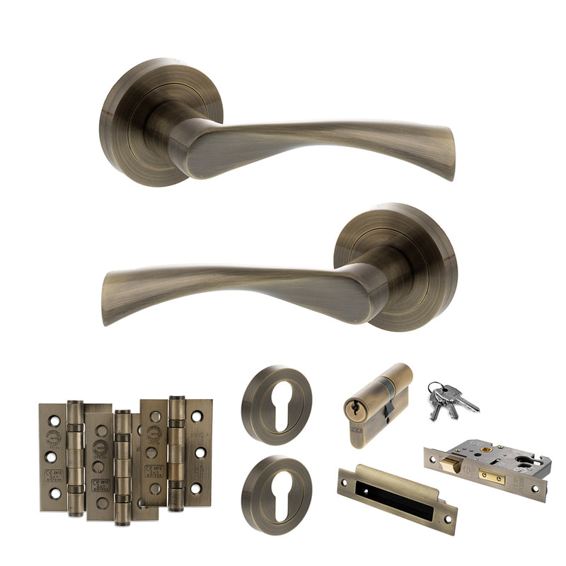 STATUS Colorado Door Handle Pack (Euro Lock Set - 2.5" CE Sashlock, 3" Fire Rated Hinges x3) - Antique Brass
