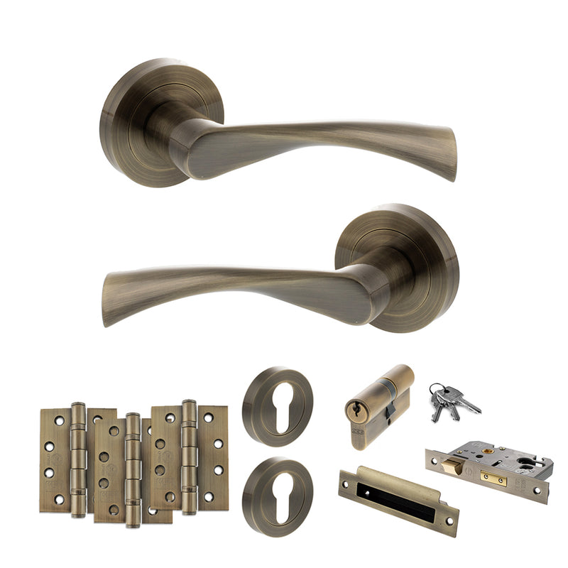 STATUS Colorado Door Handle Pack (Euro Lock Set - 3" CE Sashlock, 4" Fire Rated Hinges x3) - Antique Brass