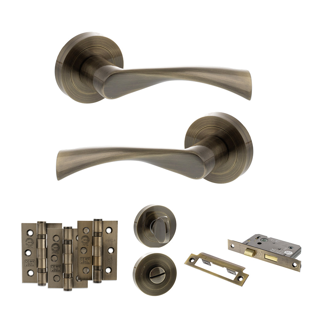 STATUS Colorado Door Handle Pack (Bathroom Set - 3" CE Bathroom Lock, 3" Premium Hinges x3) - Antique Brass
