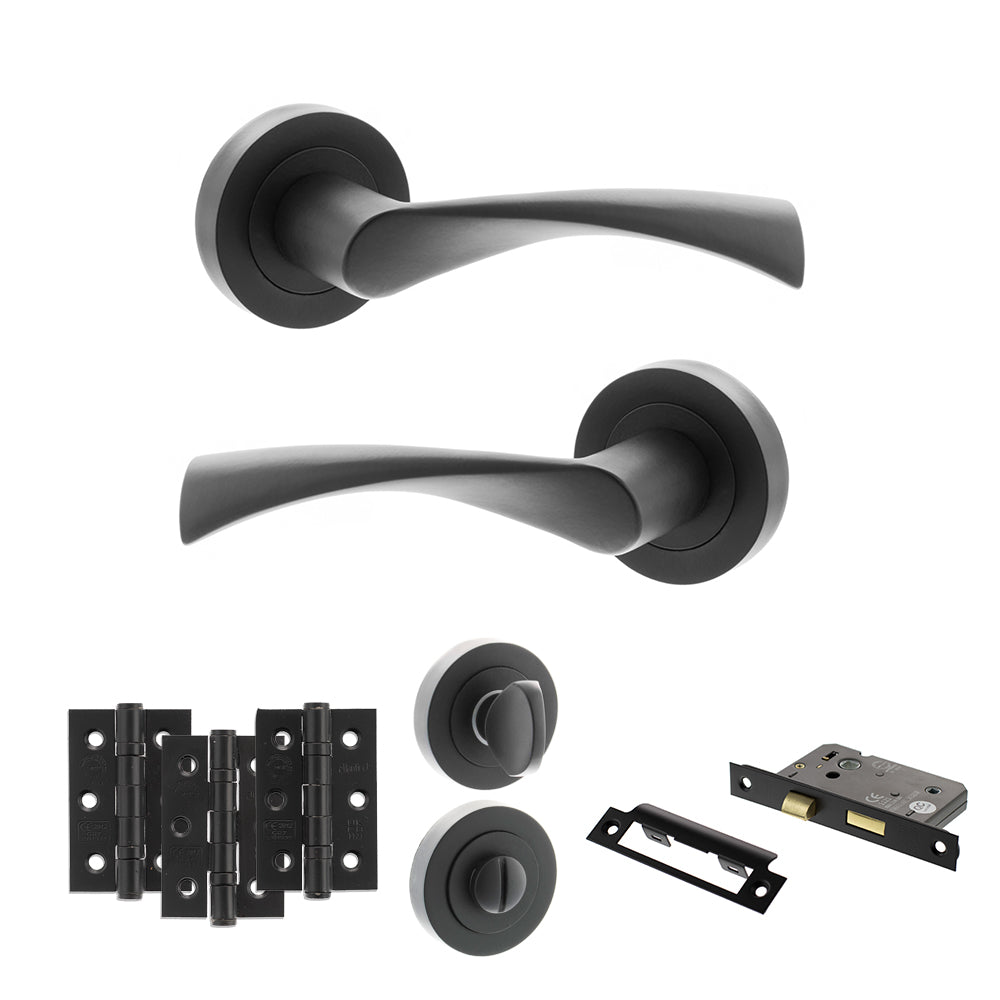 STATUS Colorado Door Handle Pack (Bathroom Set - 3" CE Bathroom Lock, 3" Premium Hinges x3) - Matt Black