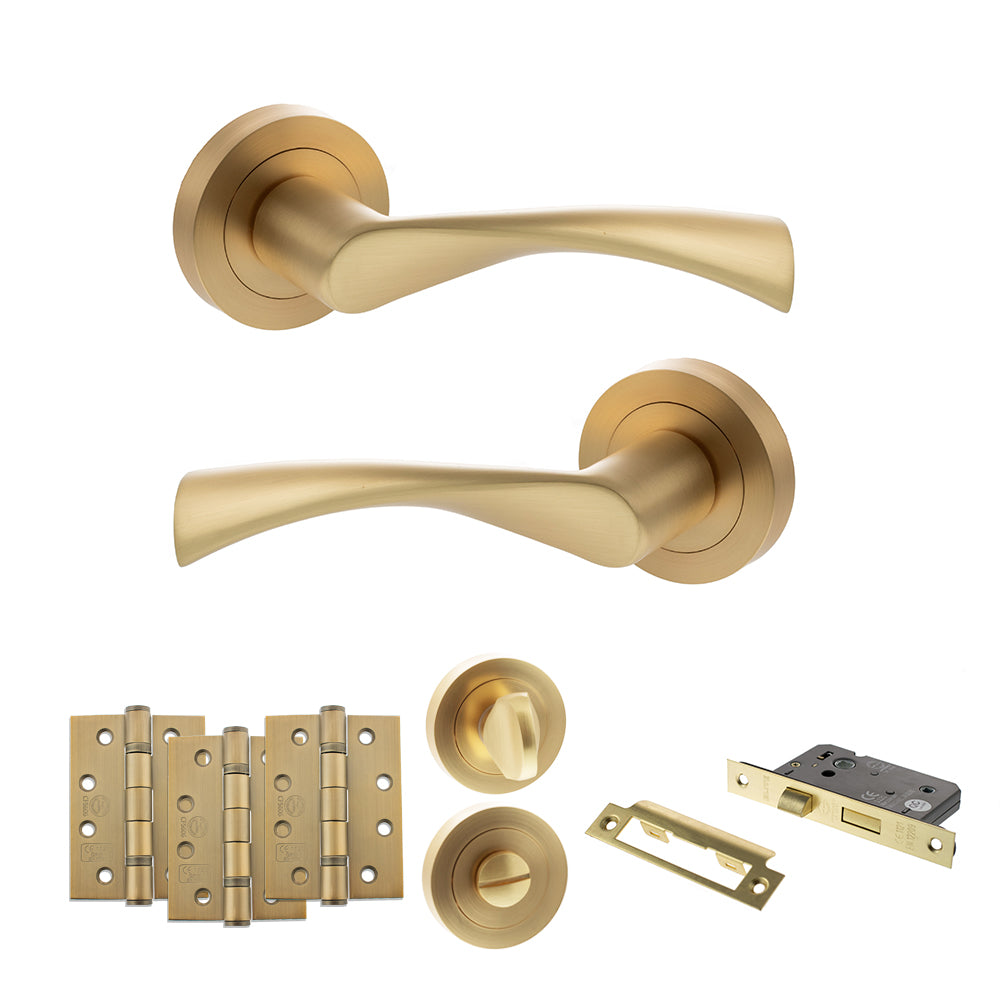 STATUS Colorado Door Handle Pack (Bathroom Set - 2.5" CE Bathroom Lock, 4" Fire Rated Hinges x3) - Satin Brass