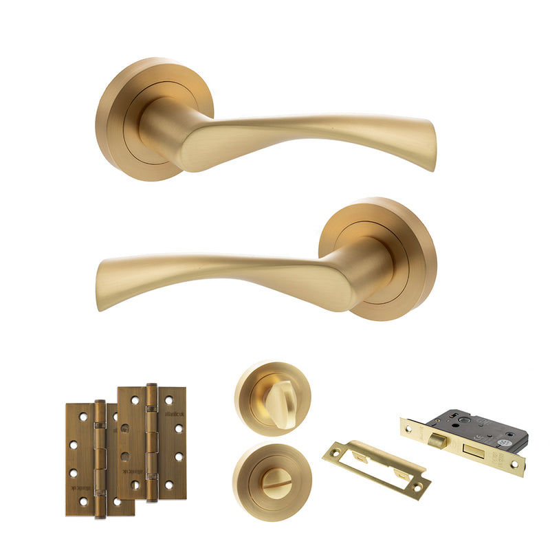 STATUS Colorado Door Handle Pack (Bathroom Set - 2.5" CE Bathroom Lock, 4" Slim Knuckle Hinges x2) - Satin Brass