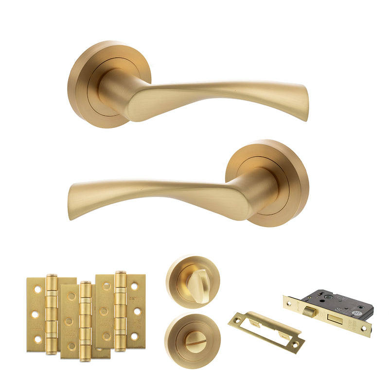STATUS Colorado Door Handle Pack (Bathroom Set - 3" CE Bathroom Lock, 3" Fire Rated Hinges x3) - Satin Brass