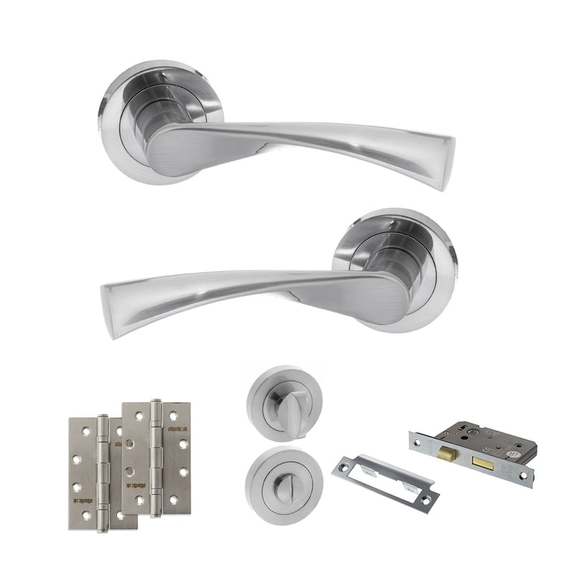 STATUS Colorado Door Handle Pack (Bathroom Set - 2.5" CE Bathroom Lock, 4" Slim Knuckle Hinges x2) - Satin Chrome