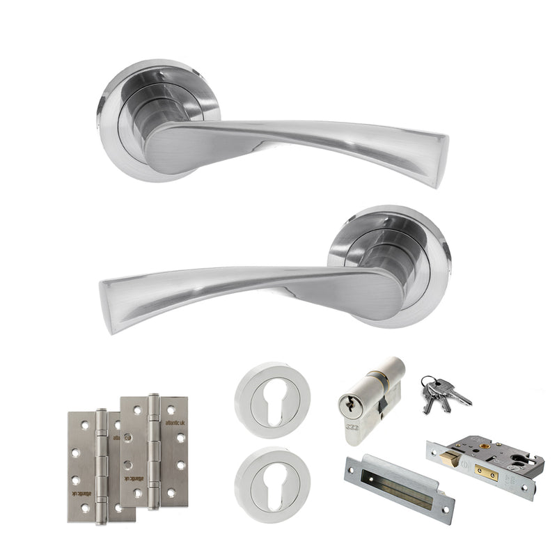 STATUS Colorado Door Handle Pack (Euro Lock Set - 3" CE Sashlock, 4" Slim Knuckle Hinges x2) - Satin Chrome
