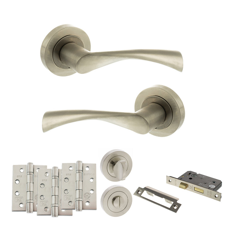 STATUS Colorado Door Handle Pack (Bathroom Set - 2.5" CE Bathroom Lock, 4" Fire Rated Hinges x3) - Satin Nickel