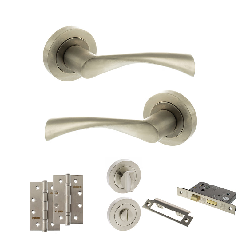 STATUS Colorado Door Handle Pack (Bathroom Set - 3" CE Bathroom Lock, 4" Slim Knuckle Hinges x2) - Satin Nickel