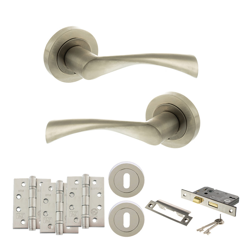 STATUS Colorado Door Handle Pack (3 Lever Lock Set - 3" CE Sashlock, 4" Fire Rated Hinges x3) - Satin Nickel