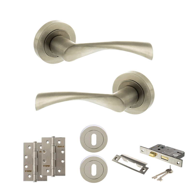 STATUS Colorado Door Handle Pack (3 Lever Lock Set - 3" CE Sashlock, 4" Slim Knuckle Hinges x2) - Satin Nickel