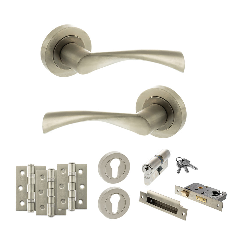 STATUS Colorado Door Handle Pack (Euro Lock Set - 2.5" CE Sashlock, 3" Premium Hinges x3) - Satin Nickel