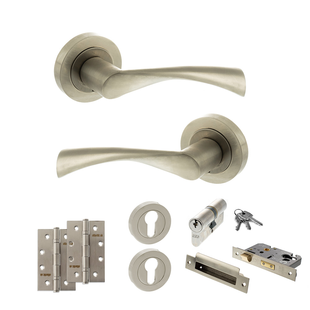 STATUS Colorado Door Handle Pack (Euro Lock Set - 3" CE Sashlock, 4" Slim Knuckle Hinges x2) - Satin Nickel
