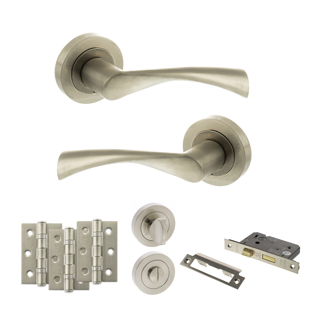 STATUS Colorado Door Handle Pack (Bathroom Set - 3" CE Bathroom Lock, 3" Premium Hinges x3) - Satin Nickel