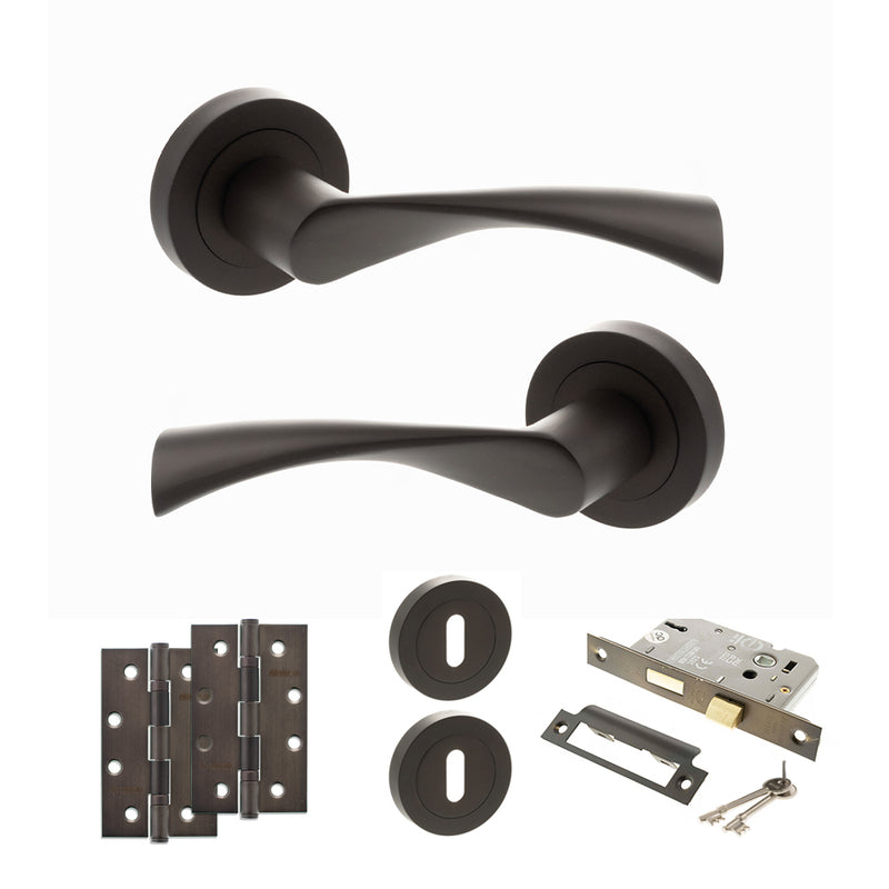 STATUS Colorado Door Handle Pack (3 Lever Lock Set - 3" CE Sashlock, 4" Slim Knuckle Hinges x2) - Urban Dark Bronze