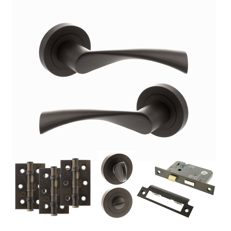 STATUS Colorado Door Handle Pack (Bathroom Set - 2.5" CE Bathroom Lock, 3" Fire Rated Hinges x3) - Urban Dark Bronze
