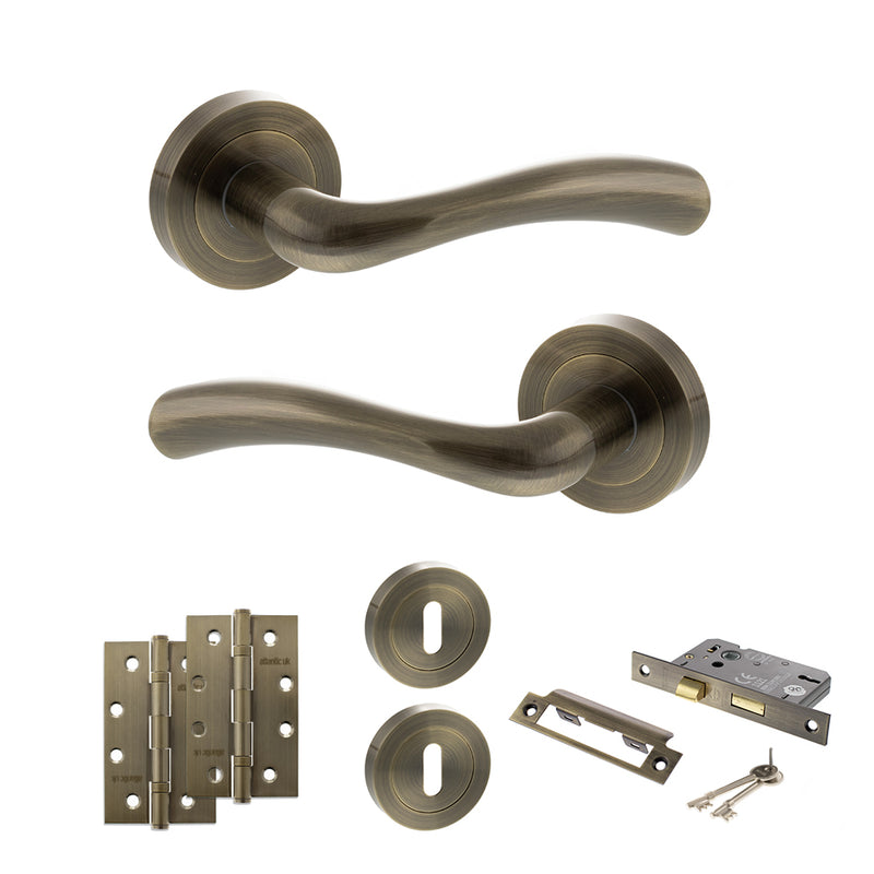 STATUS Texas Door Handle Pack (3 Lever Lock Set - 3" CE Sashlock, 4" Slim Knuckle Hinges x2) - Antique Brass
