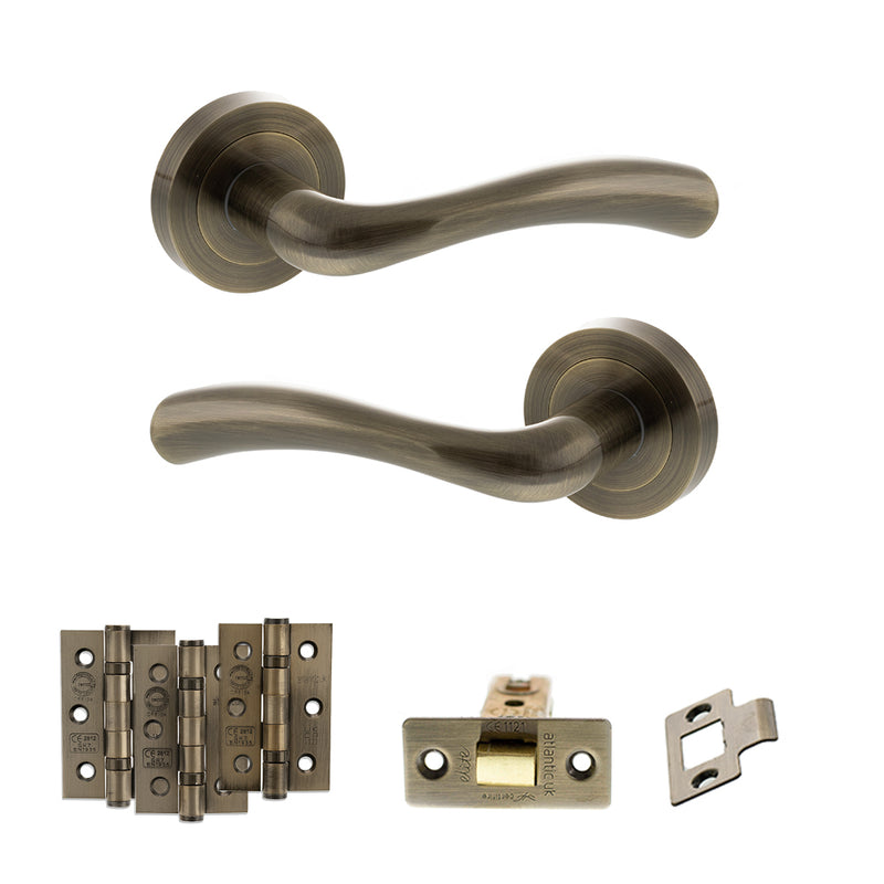 STATUS Texas Door Handle Pack (Latch Set - 2.5" CE Latch, 3" Fire Rated Hinges x3) - Antique Brass