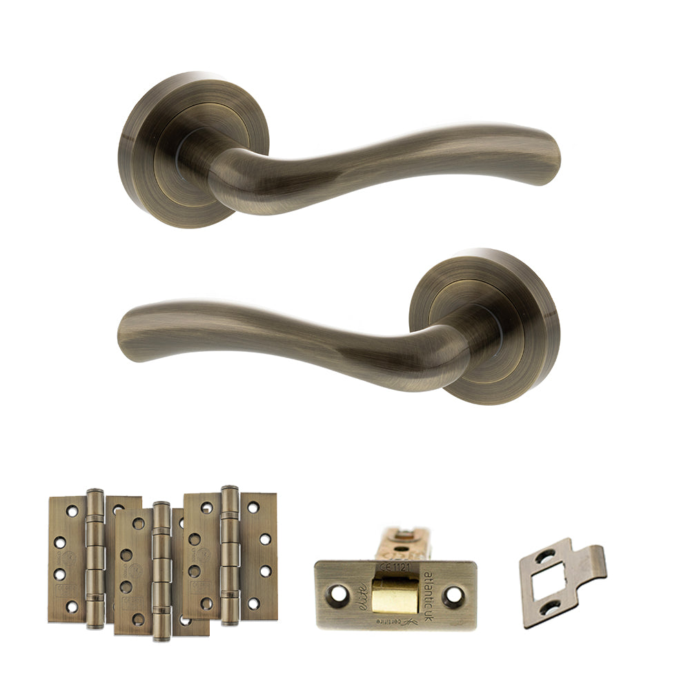 STATUS Texas Door Handle Pack (Latch Set - 3" CE Latch, 4" Fire Rated Hinges x3) - Antique Brass