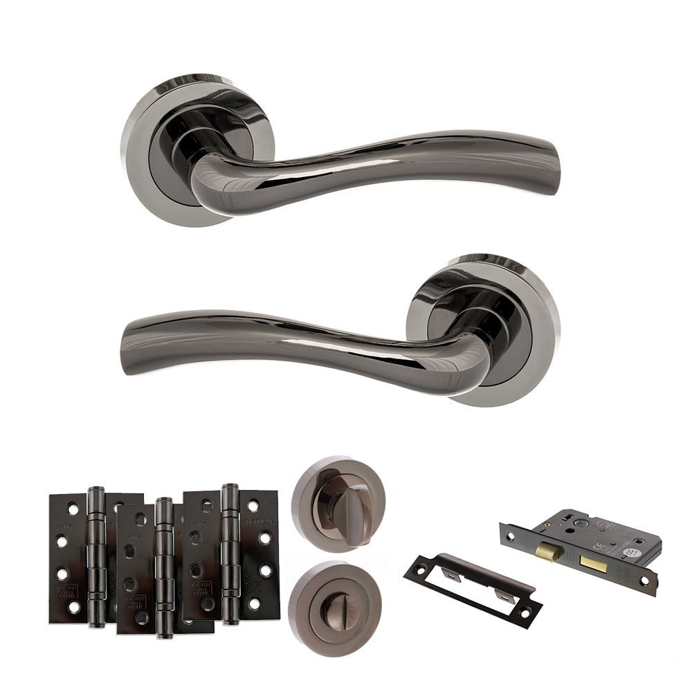 STATUS Texas Door Handle Pack (Bathroom Set - 2.5" CE Bathroom Lock, 4" Fire Rated Hinges x3) - Black Nickel