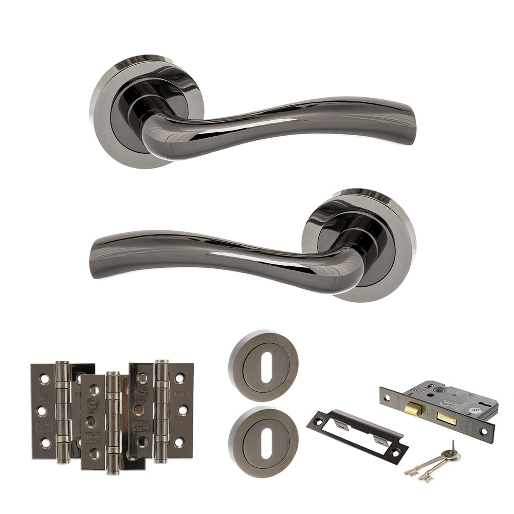 STATUS Texas Door Handle Pack (3 Lever Lock Set - 3" CE Sashlock, 3" Premium Hinges x3) - Black Nickel