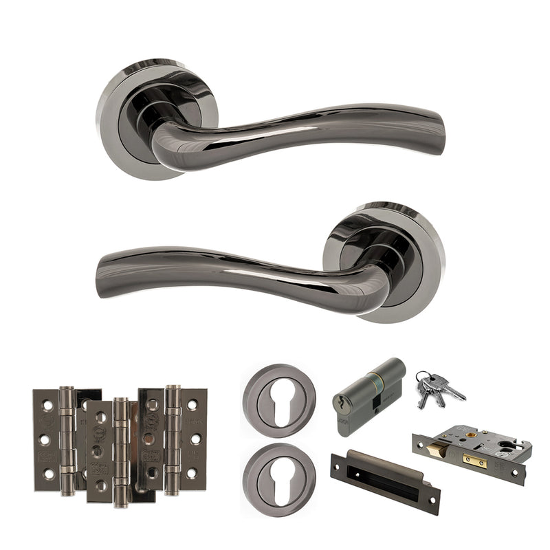 STATUS Texas Door Handle Pack (Euro Lock Set - 3" CE Sashlock, 3" Premium Hinges x3) - Black Nickel