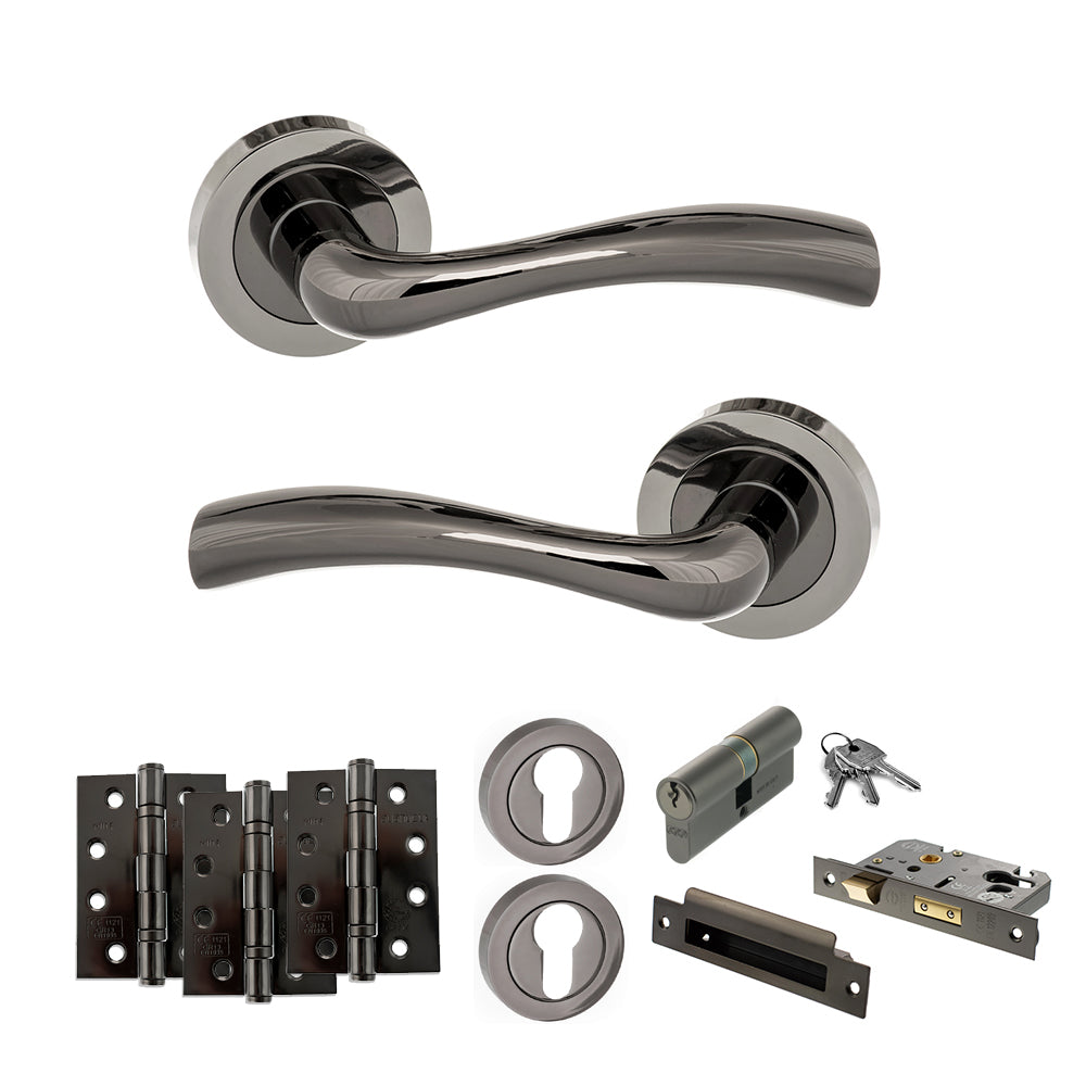 STATUS Texas Door Handle Pack (Euro Lock Set - 2.5" CE Sashlock, 4" Fire Rated Hinges x3) - Black Nickel