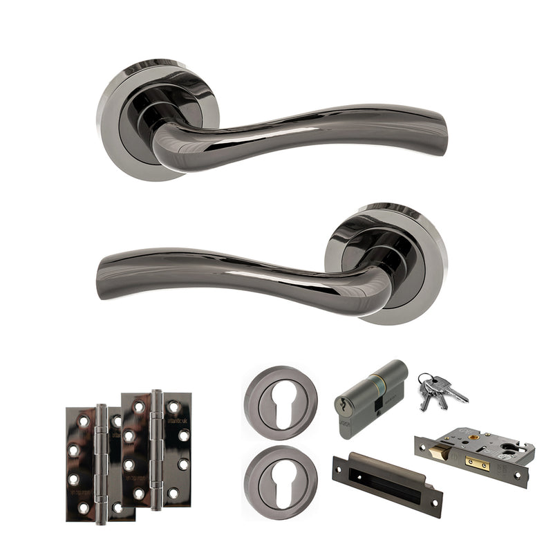 STATUS Texas Door Handle Pack (Euro Lock Set - 3" CE Sashlock, 4" Slim Knuckle Hinges x2) - Black Nickel