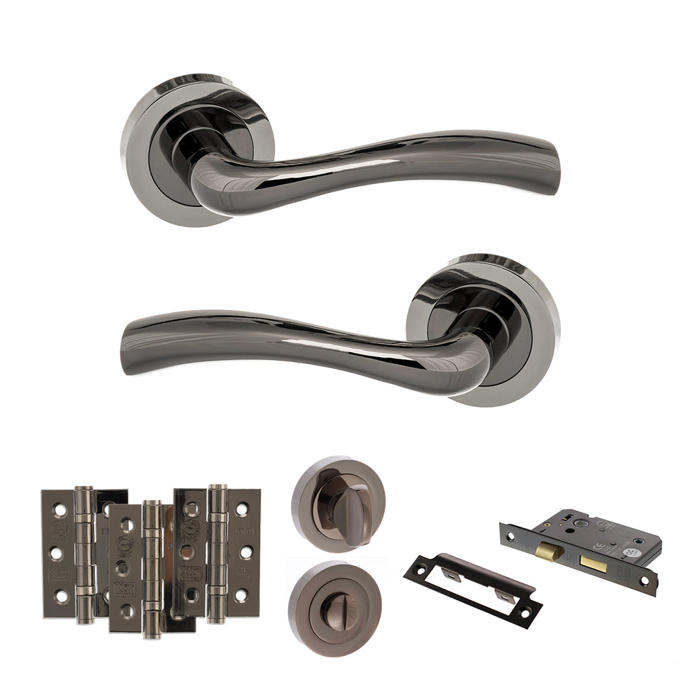 STATUS Texas Door Handle Pack (Bathroom Set - 3" CE Bathroom Lock, 3" Premium Hinges x3) - Black Nickel