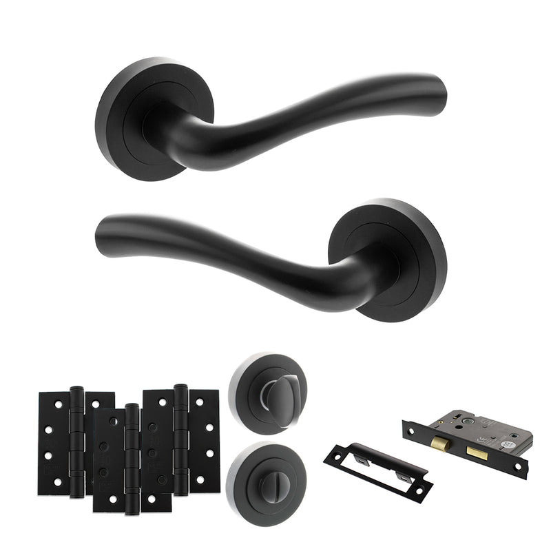 STATUS Texas Door Handle Pack (Bathroom Set - 3" CE Bathroom Lock, 4" Fire Rated Hinges x3) - Matt Black