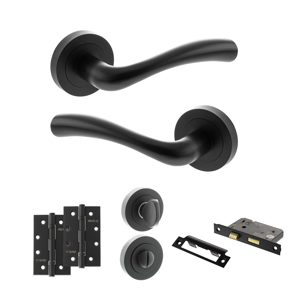 STATUS Texas Door Handle Pack (Bathroom Set - 2.5" CE Bathroom Lock, 4" Slim Knuckle Hinges x2) - Matt Black