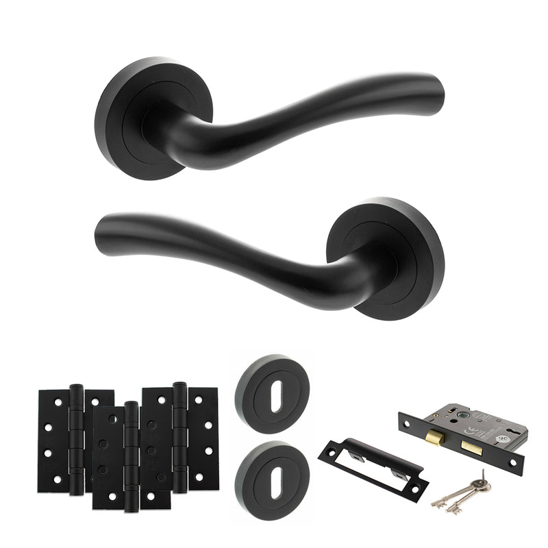 STATUS Texas Door Handle Pack (3 Lever Lock Set - 3" CE Sashlock, 4" Fire Rated Hinges x3) - Matt Black
