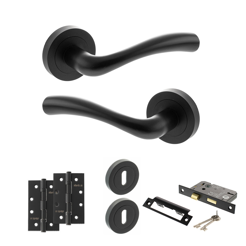 STATUS Texas Door Handle Pack (3 Lever Lock Set - 2.5" CE Sashlock, 4" Slim Knuckle Hinges x2) - Matt Black