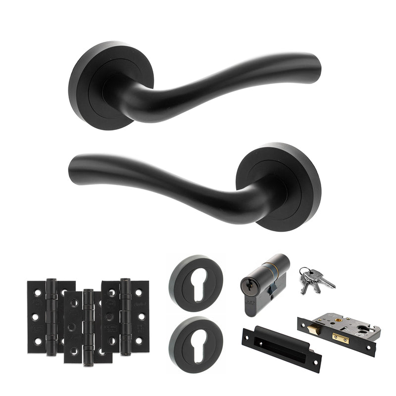 STATUS Texas Door Handle Pack (Euro Lock Set - 3" CE Sashlock, 3" Premium Hinges x3) - Matt Black