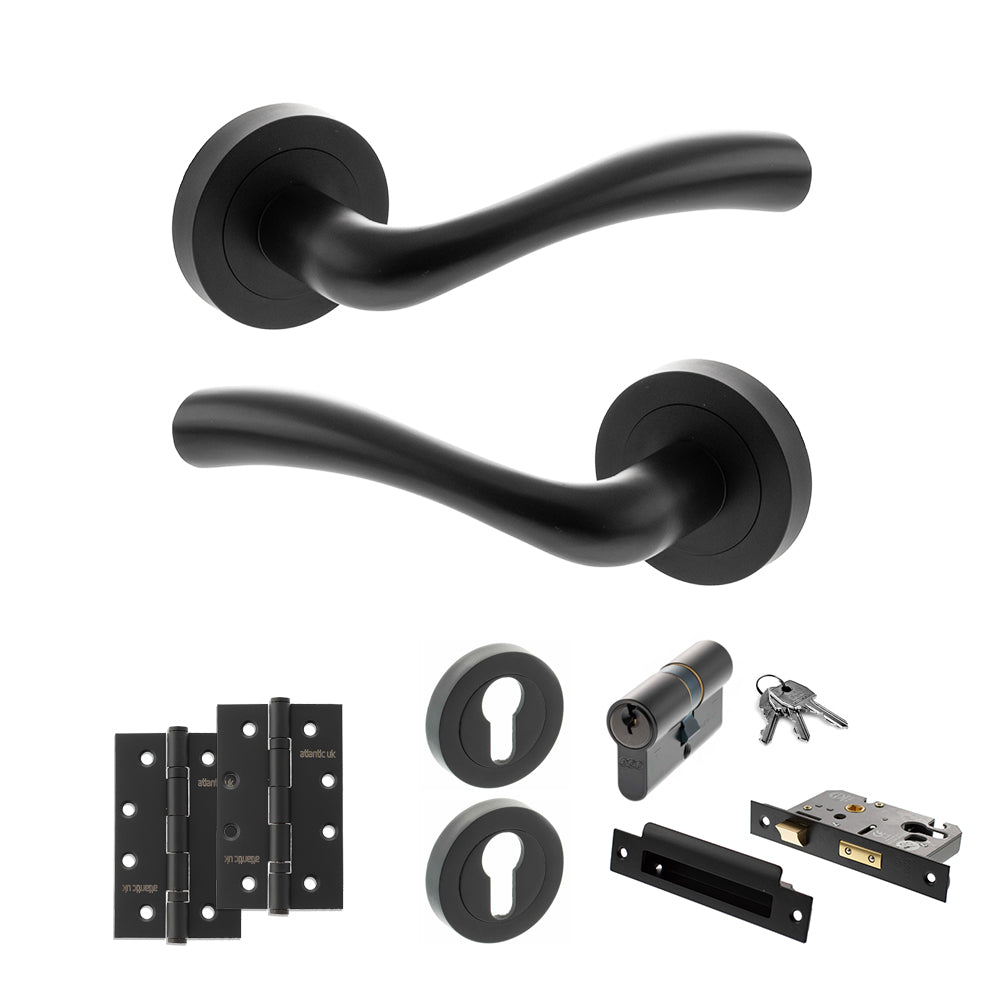 STATUS Texas Door Handle Pack (Euro Lock Set - 3" CE Sashlock, 4" Slim Knuckle Hinges x2) - Matt Black
