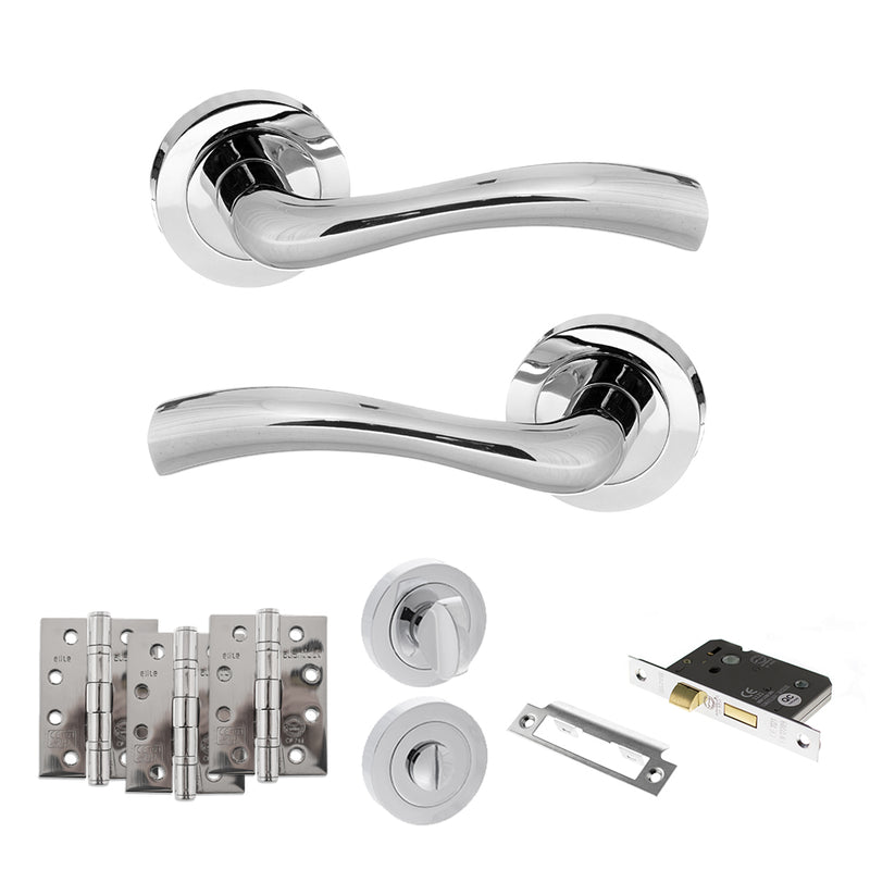 STATUS Texas Door Handle Pack (Bathroom Set - 3" CE Bathroom Lock, 4" Fire Rated Hinges x3) - Polished Chrome