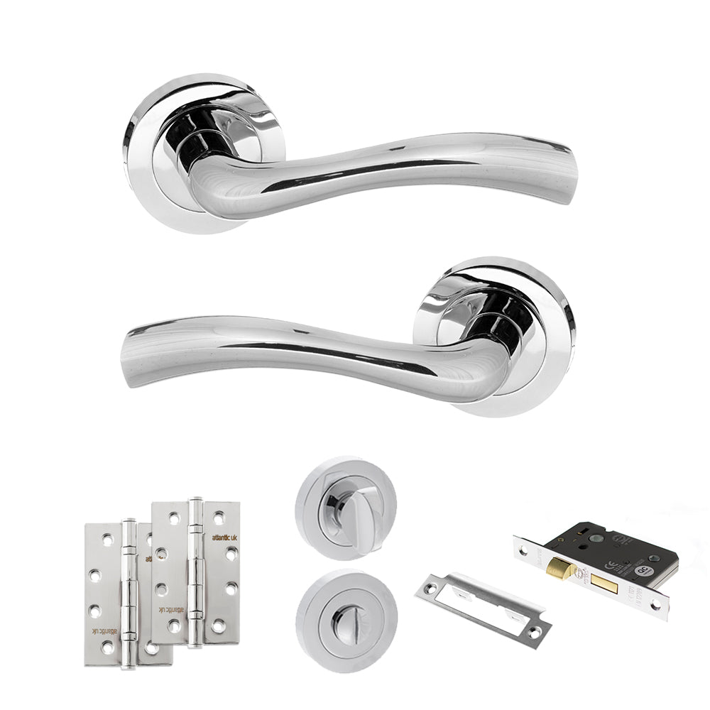 STATUS Texas Door Handle Pack (Bathroom Set - 3" CE Bathroom Lock, 4" Slim Knuckle Hinges x2) - Polished Chrome