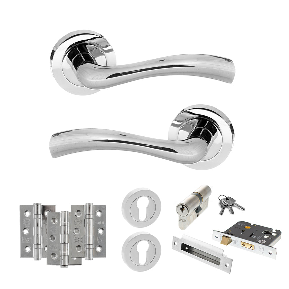 STATUS Texas Door Handle Pack (Euro Lock Set - 2.5" CE Sashlock, 3" Premium Hinges x3) - Polished Chrome