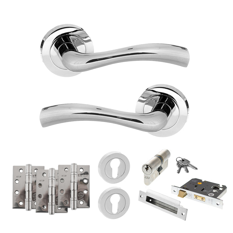 STATUS Texas Door Handle Pack (Euro Lock Set - 2.5" CE Sashlock, 4" Fire Rated Hinges x3) - Polished Chrome