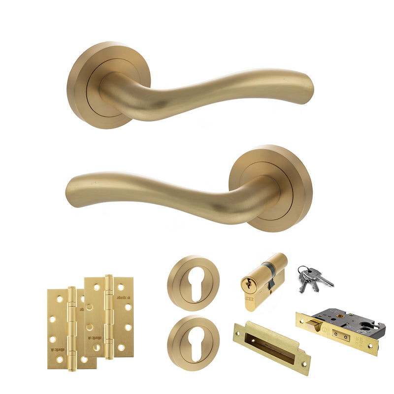 STATUS Texas Door Handle Pack (Euro Lock Set - 2.5" CE Sashlock, 4" Slim Knuckle Hinges x2) - Satin Brass