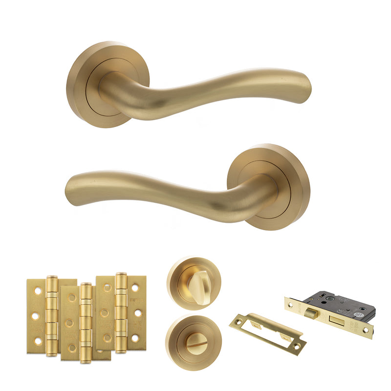 STATUS Texas Door Handle Pack (Bathroom Set - 3" CE Bathroom Lock, 3" Fire Rated Hinges x3) - Satin Brass