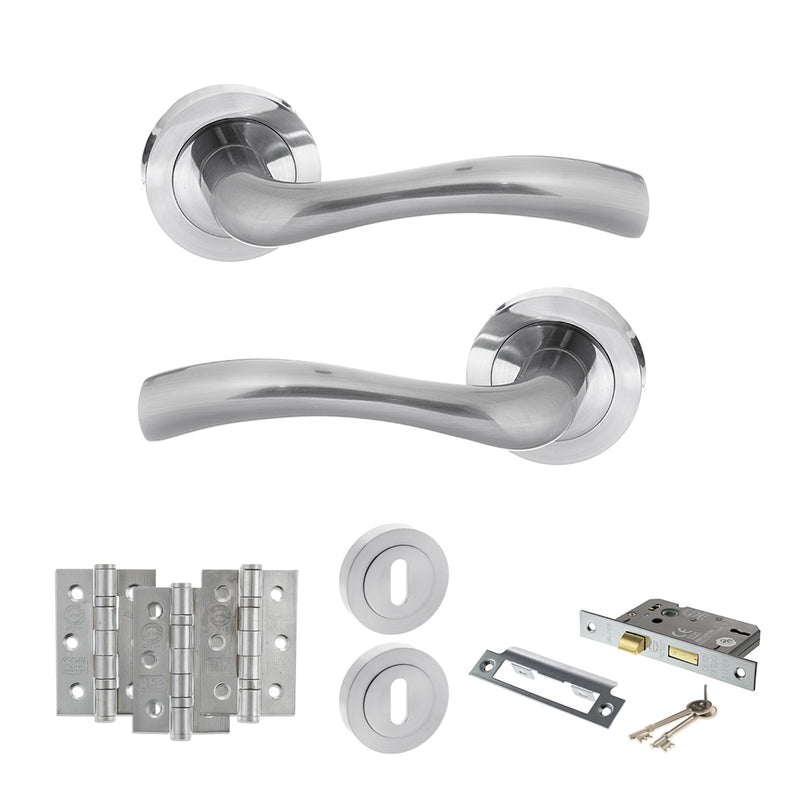 STATUS Texas Door Handle Pack (3 Lever Lock Set - 2.5" CE Sashlock, 3" Fire Rated Hinges x3) - Satin Chrome