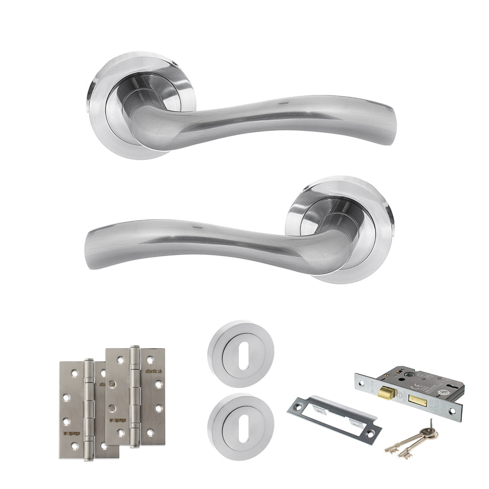 STATUS Texas Door Handle Pack (3 Lever Lock Set - 2.5" CE Sashlock, 4" Slim Knuckle Hinges x2) - Satin Chrome