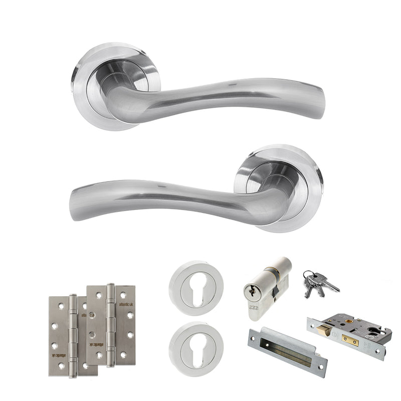STATUS Texas Door Handle Pack (Euro Lock Set - 2.5" CE Sashlock, 4" Slim Knuckle Hinges x2) - Satin Chrome
